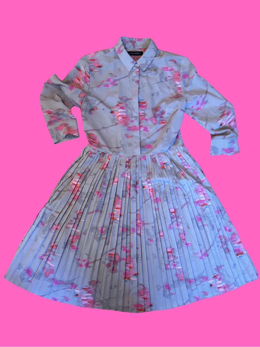 Banana Republic Light Blue Floral Pleated Shirt Dress with Pink Accents